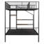 Lit superposé simple au-dessus d'un lit double en métal avec étagère grillagée, échelle de rangement latérale et garde-robe