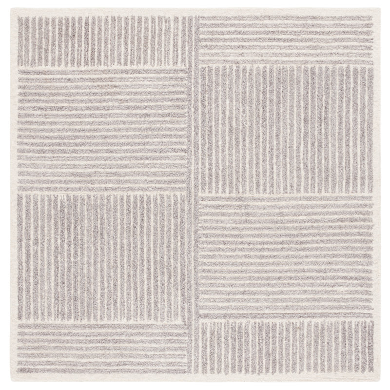 Niana Hand Tufted Pet Yarn/Wool/Cotton Striped Rug in Grey/Ivory, Square 6'