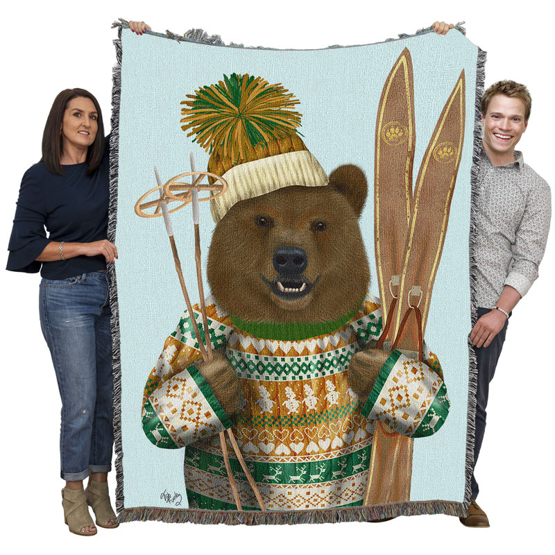 Couverture de Noël Pure Country Weavers Bear par Fab Funky - jeté en coton tissé à motif de tapisserie - fabriqué aux États-Unis (72 x 54)