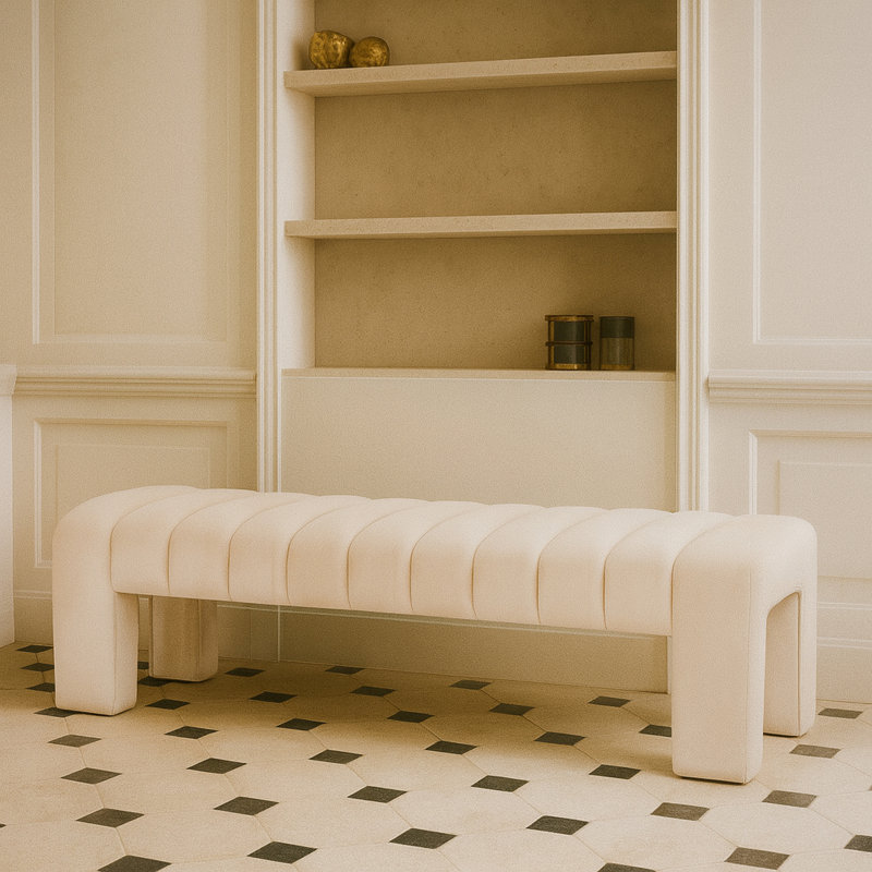 Solid Wood Bench, Cream Velvet