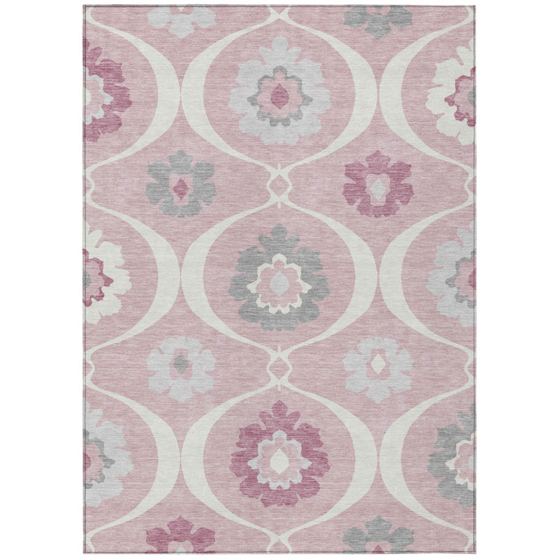 Tapis intérieur / extérieur lavable rose 10 pi x 14 pi avec médaillon rose 10 pi x 14 pi