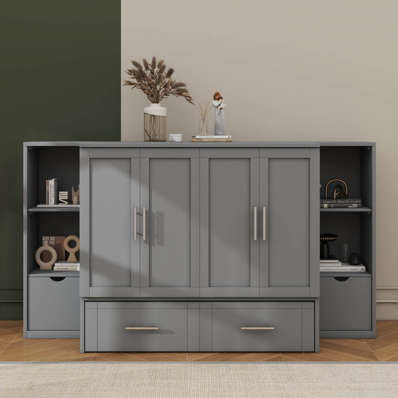 Grand lit escamotable spacieux comprenant des tiroirs à tablettes et un chargeur USB, Gris