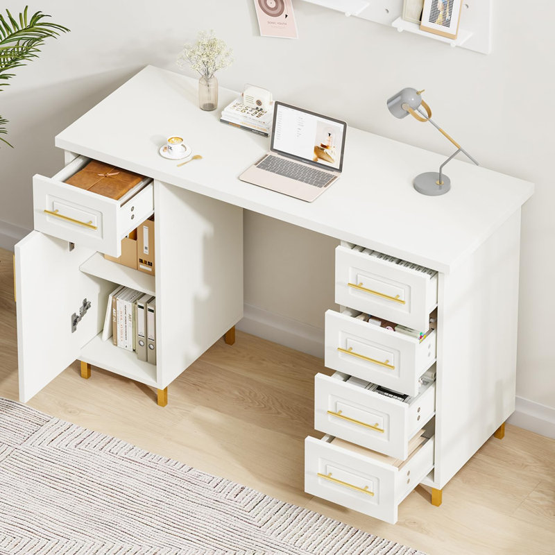 Bureau Nail Tech avec tiroirs, table de manucure de 43 pouces avec rangement pour Nail Tech, table de maquillage pour les ongles avec 5 tiroirs et armoire, bureau spa en bois