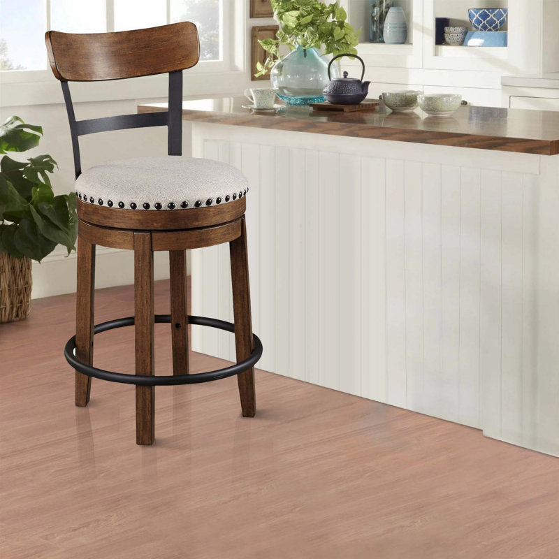 Gayna Zane Swivel Counter Stool Chair | Nailhead Trim | Curved Back, Counter Stool (25" Seat Height), Brown, Beige