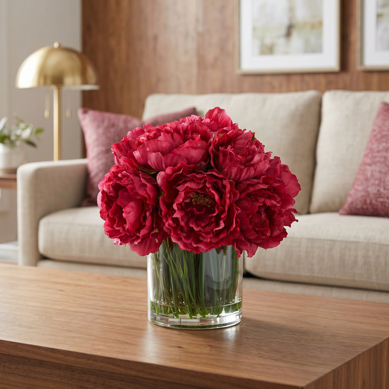 Peony Arrangement in Glass Vase with Grass, Magenta
