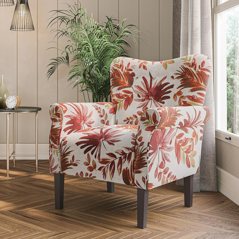 Fauteuil rembourré capitonné de 30,3 po de largeur, Lin floral rouge