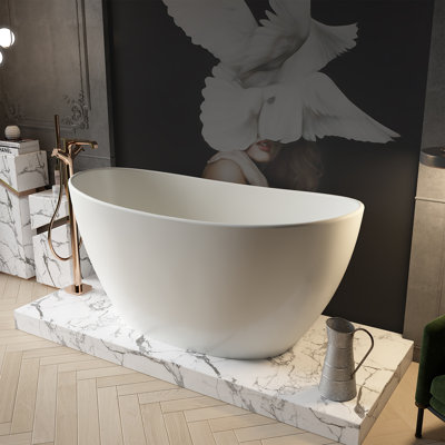 59 in. X 30 in. Stone Resin Solid Surface Freestanding Soaking Bathtub In Matte White