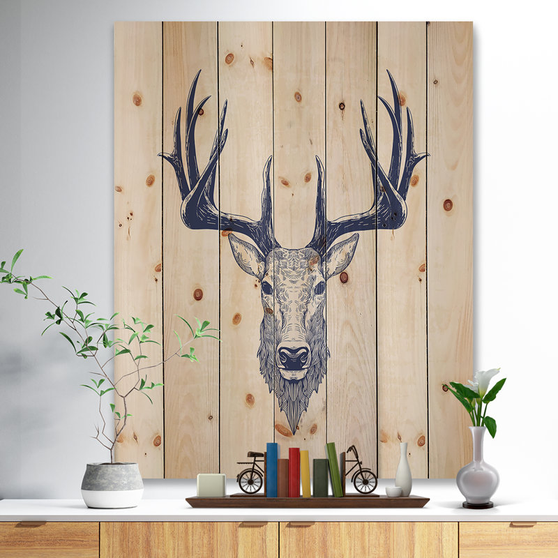 Portrait de tête de cerf - croquis d'animaux, H 46 po x l 36 po x P 1,5 po, Bois