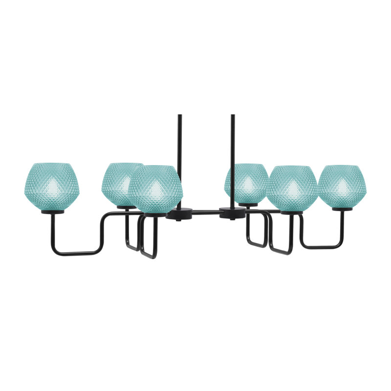 Luminaire pour îlot 6 lumières Amarmula, finition noir mat, verre texturé turquoise 6 po, Noir, Sarcelle