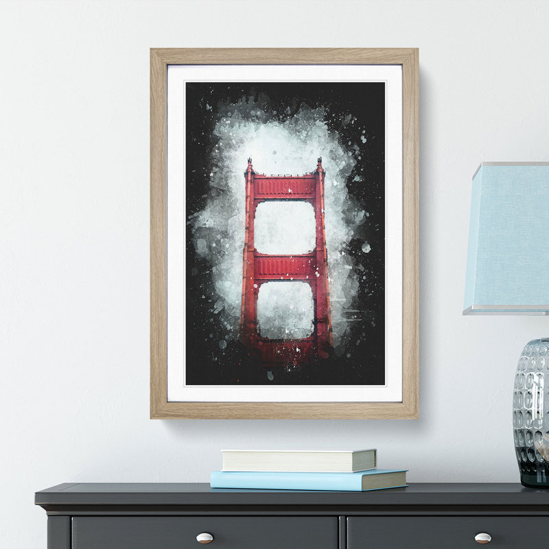 The Top Of The Golden Gate Bridge - Single Picture Frame Painting on MDF, Oak Framed, 87cm H x 62cm W x 2cm D