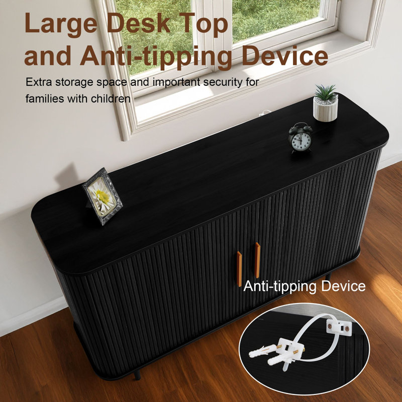 47" Black Fluted MDF Sideboard Buffet Cabinet with Sliding Doors