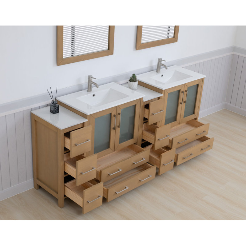  84" Double Bathroom Vanity Set with Mirror, Natural Oak