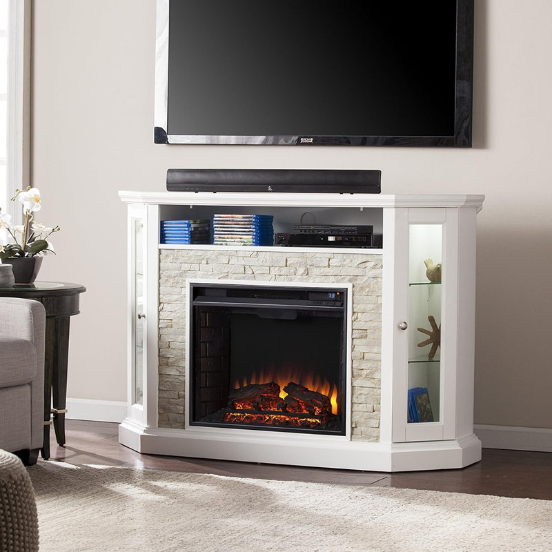 Stone Convertible Electric Corner Fireplace And Media Storage – Fresh White