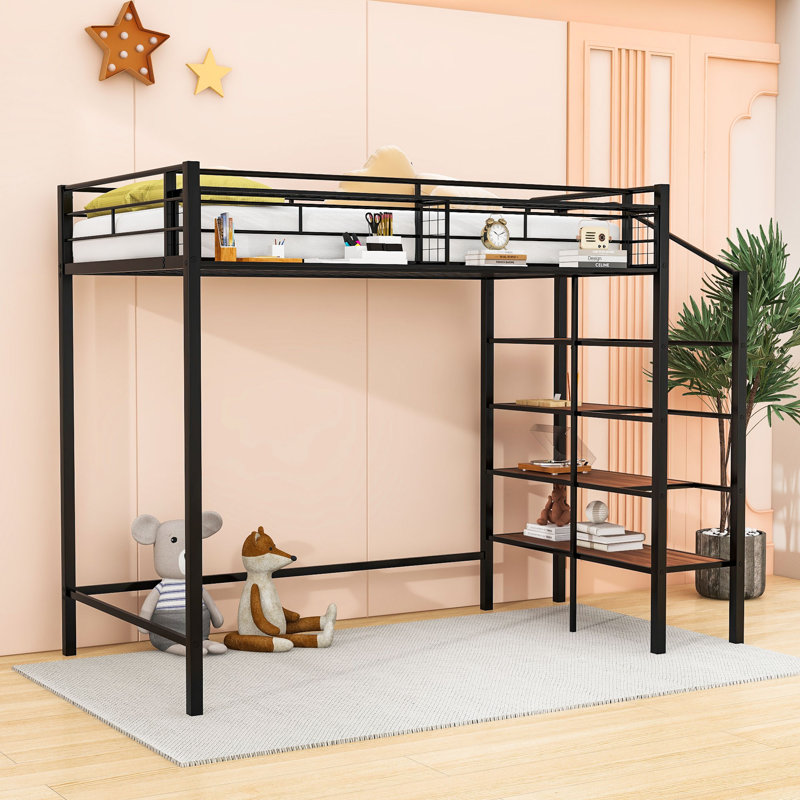 Twin Metal Loft Bed With Storage Stairs, Grid Shelf And Guardrails, Black