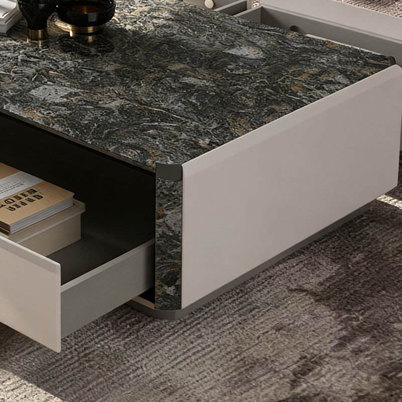 Table basse rectangulaire en ardoise à 4 tiroirs, H 16,53 po x L 51,18 po x l 31,49 po, Gris, Gris
