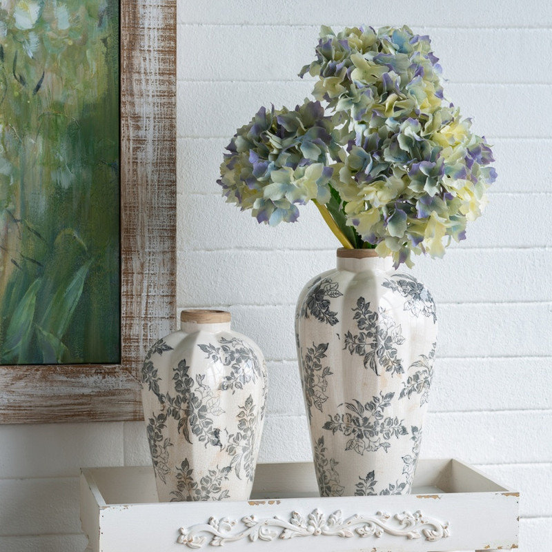 Élégant vase décoratif en céramique blanche 8,1 x 8,1 x 13,6 pouces avec motif floral gris délicat pour la décoration intérieure