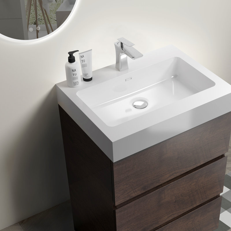 Meuble de salle de bain en noyer de 24 po - autoportant moderne, vaste espace de rangement, lavabo blanc, glissières de tiroir silencieuses, meuble-lavabo autoportant abondant pré-assemblé, patins,