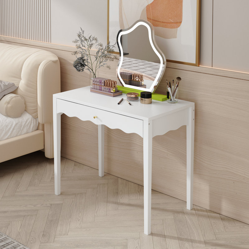 Meuble-lavabo blanc 35,43 po avec tiroir - table de maquillage moderne avec façade festonnée et poignée dorée
