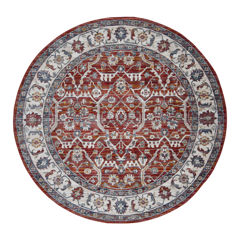 Oriental Machine-Made Red/Ivory Area Rug, Round 8'