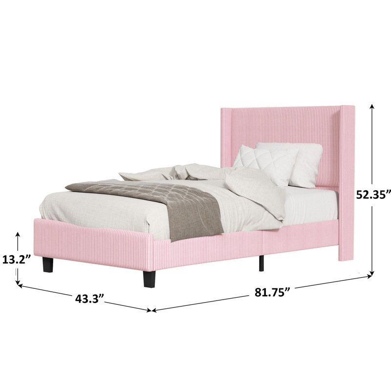 Schauer Corduroy Upholstered Wingback Bed, Metal Frame , Plywood Slats, No Box Spring, Twin, Pink