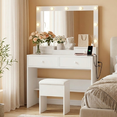 Makeup Vanity With Lighted Mirror Charging Station & Storage Stool
