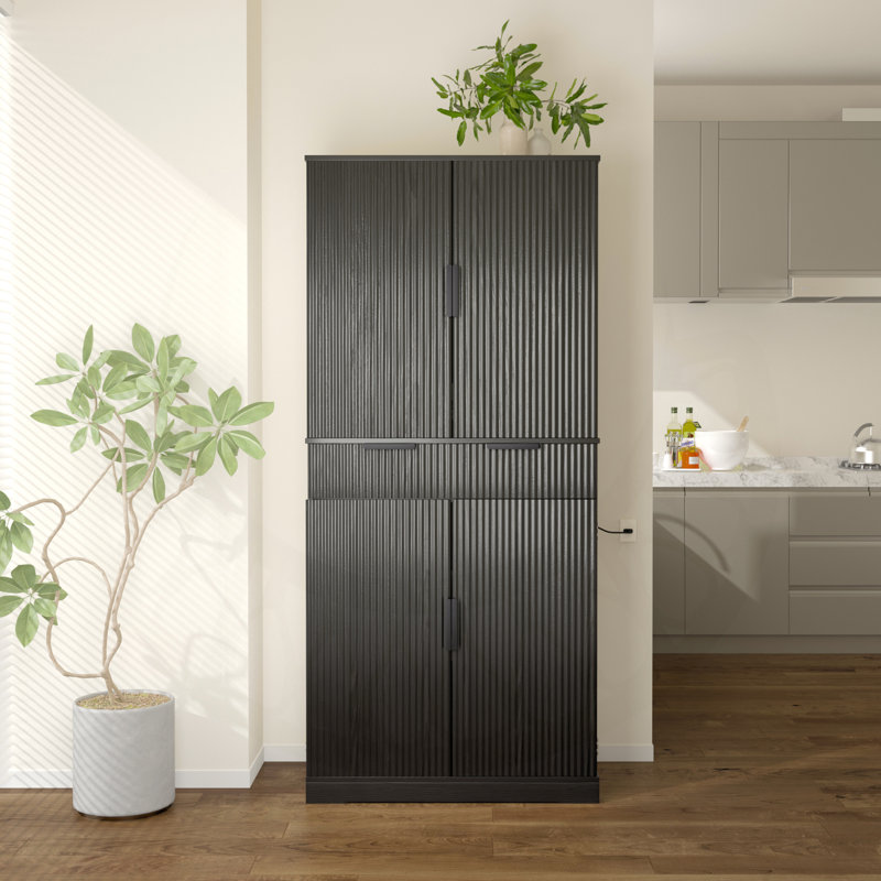 Spacious Fluted Kitchen Pantry Hargett with 3 Keyboard Drawers and 6 Adjustable Shelves, Perfect for Versatile Storage in Multiple Rooms