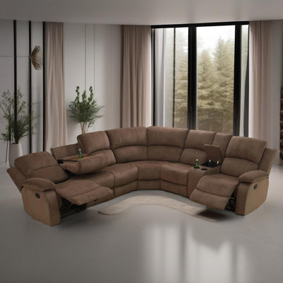 Velora Manual Brown Fabric Intelligent Recliner Sectional Sofa Set With Concole And Cup Holders