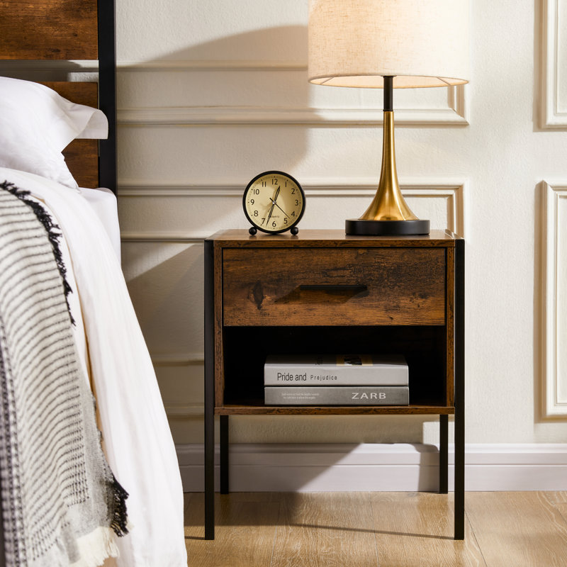 Oscar 1 Drawer Industrial Bedside Table with Metal Frame and Open Shelf, Dark Wood