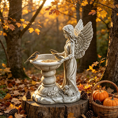 15” Vintage Angel Bird Bath Statue, Resin Weather Resistant Garden Angel Sculpture with Pedestal Bowl, Decorative Bird Feeder & Water Basin, Cottagecore Bohemian Outdoor Patio Yard Porch Home Art Decor