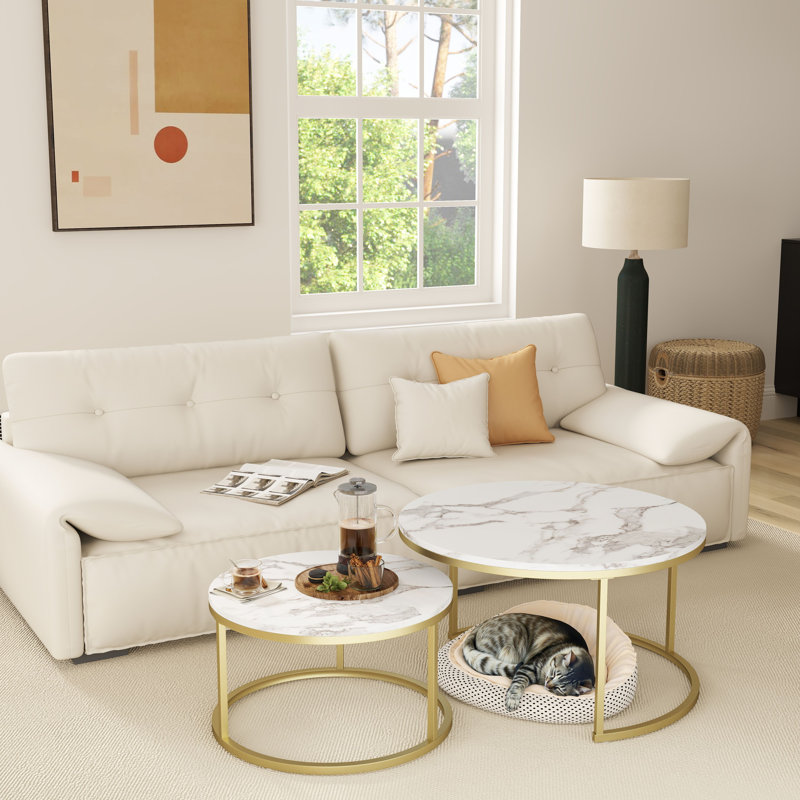 Emmaline Frame 2 Nesting Coffee Tables, White Top/ Light Golden Base, Marble