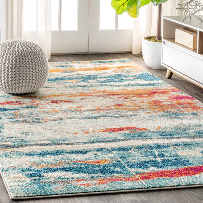 Lasley Contemporary POP Modern Abstract Brushstroke Cream/Blue Rug