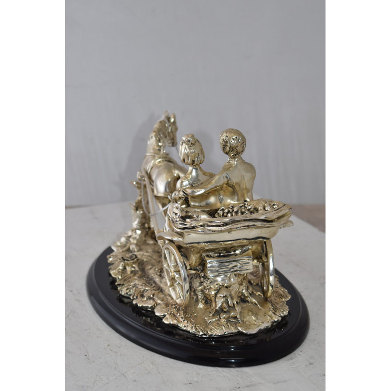 Silver Resin Horse with Carriage Statue on Wood Base