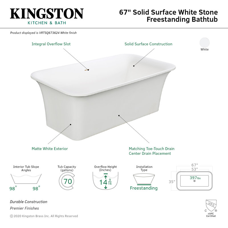 Kingston Brass Arcticstone 67-Inch Solid Surface Rectangular Double Ended Freestanding Tub with Drain, White