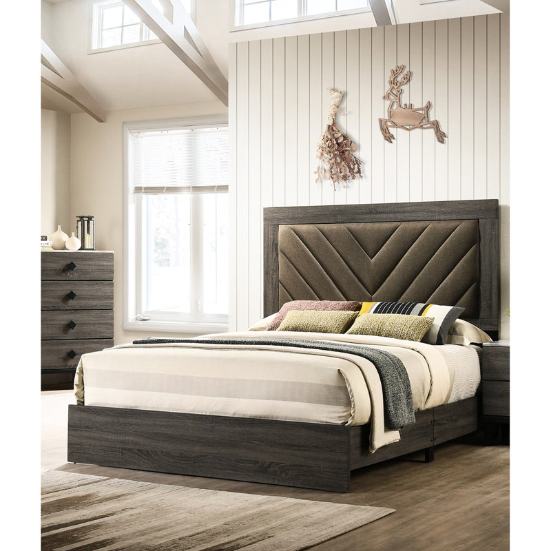 Lit pour grand lit transitionnel - Tête de lit tapissier gris cendré avec chambre à coucher en tissu
