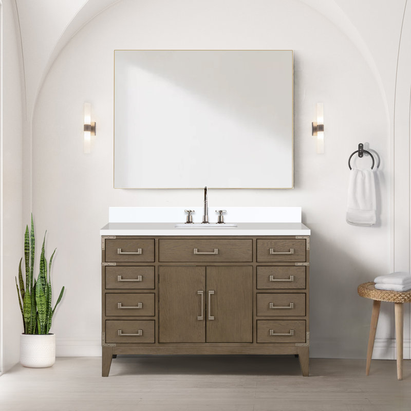 Meuble-lavabo simple en chêne blanc 48 po X P 22 po D, avec plateau en quartz blanc, Chêne blanc