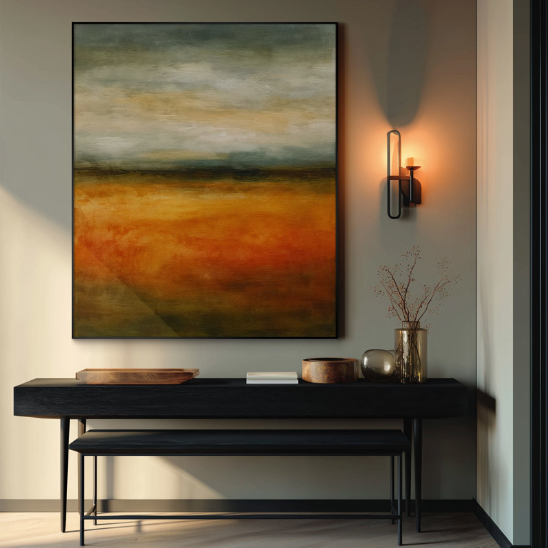 Très grand art mural imprimé sur toile - Gris et orange, paysage abstrait Moody Horizon, œuvre d'art contemporaine pour le salon ou la chambre à coucher - «Assemblage requis du cadre (cadre non fini)»