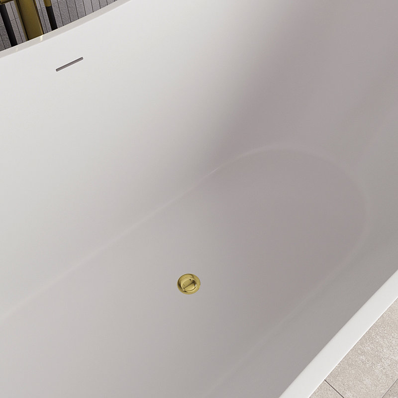 Baignoire autoportante 71 po blanc brillant avec drain interne Streamline, Laiton poli