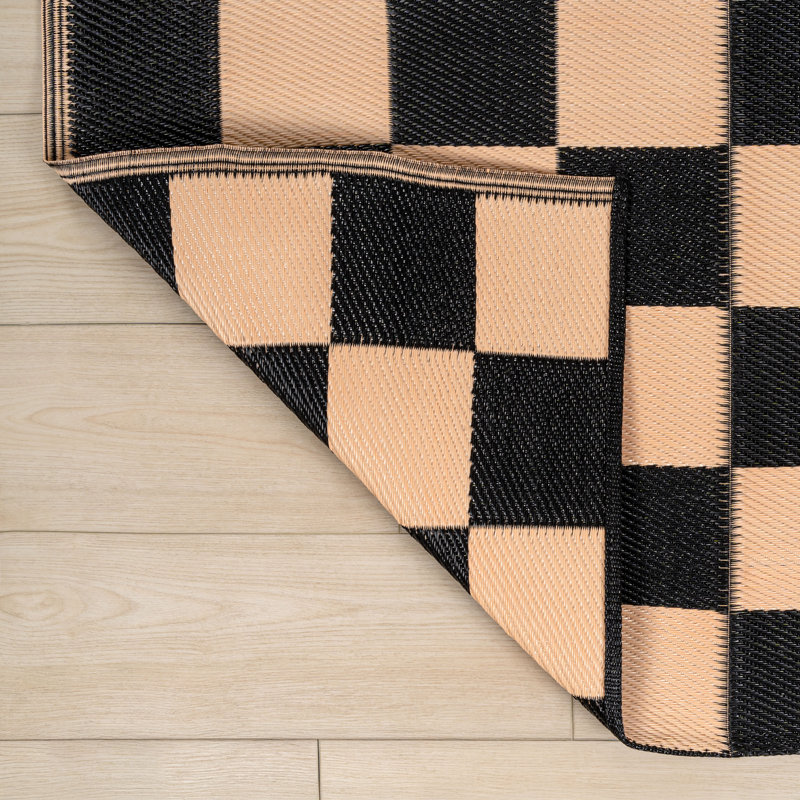 Tapis d'extérieur en plastique imperméable réversible pliable et imperméable en paille Bishop, Noir/crème, Rectangle 9' x 12'