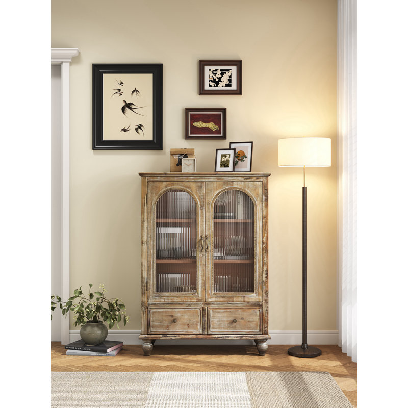 Armoire de cuisine avec 2 portes en verre et 2 tiroirs, Brun délavé