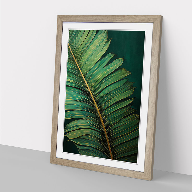 Palm Leaf Tachisme - Single Picture Frame Print on Wood, 46cm H x 34cm W x 2" D, Oak Framed