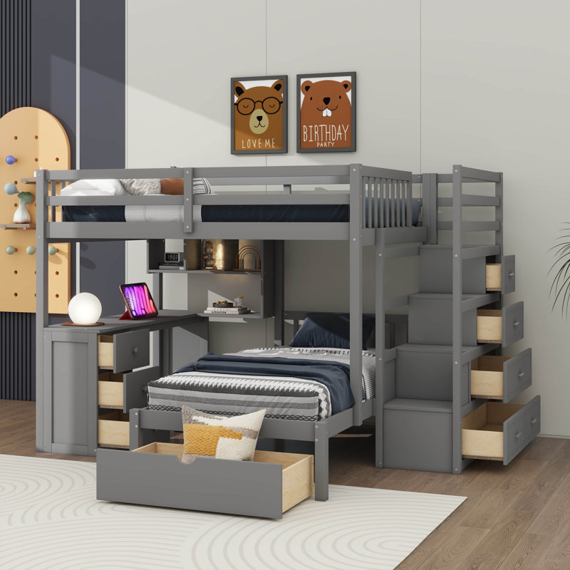 Lit superposé double au-dessus de simple avec bureau intégré, tiroirs et étagères, Gris