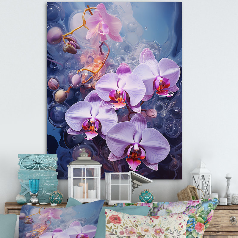 Collage d'orchidées mauves sur toile, Toile tendue, H 32 po x l 16 po x P 1 po
