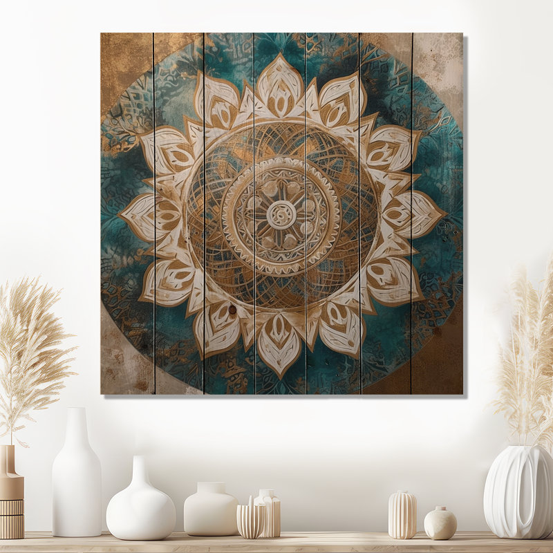 Sarcelle et mandala doré II - impression de mandala boho sur bois de pin naturel, H 15 po x l 15 po x P 0,78 po