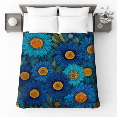 Blue Orange Flowers Quilted Bedspread