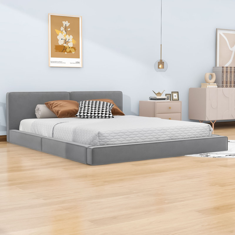  Grand lit plateforme tapissier avec tête de lit Kjellfrid, gris