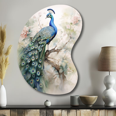 «Blue Ink Wash Peacock II» - art mural en métal asymétrique, reproduction de sculpture murale