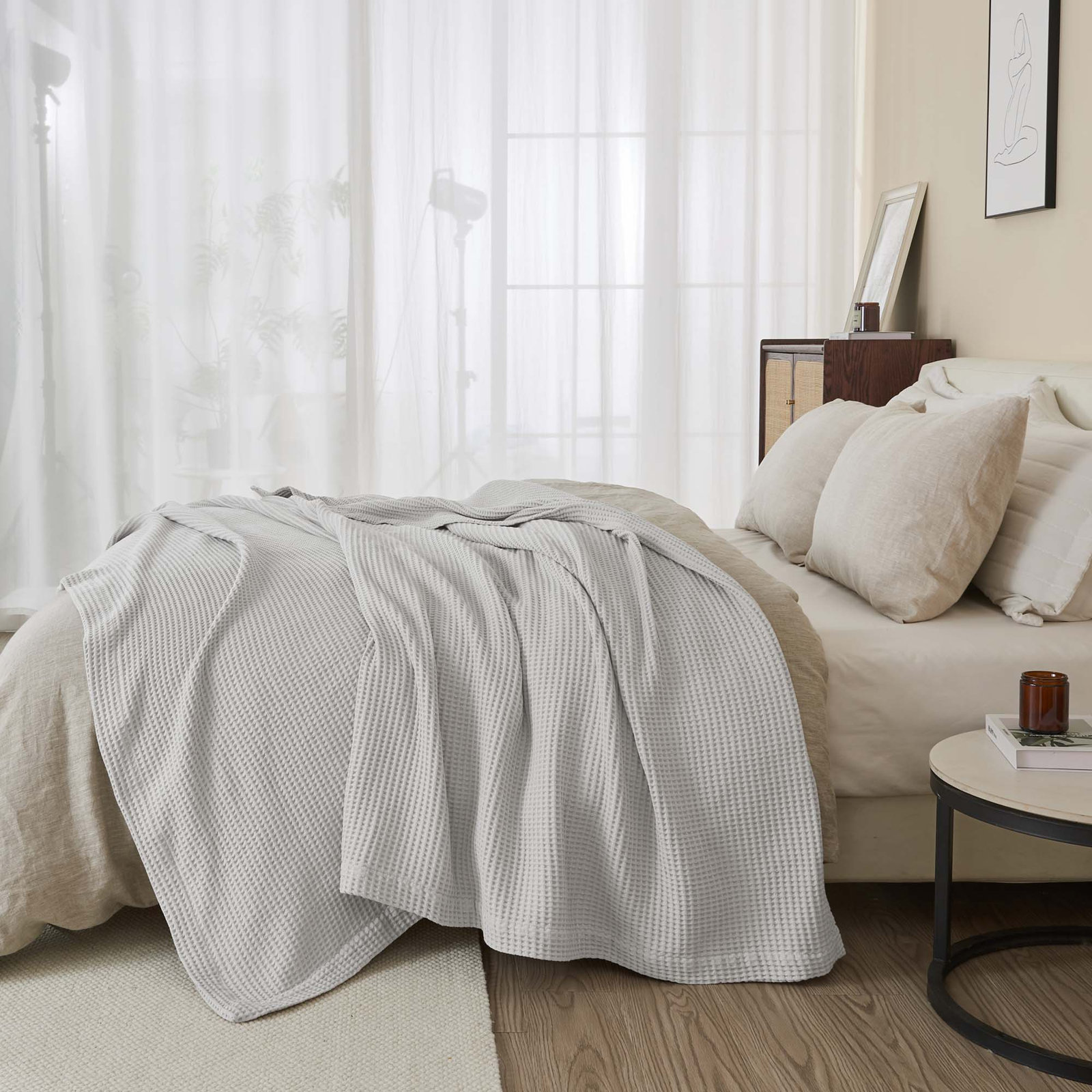 Cotton Waffle Weave Throw Blanket, King, Light Gray