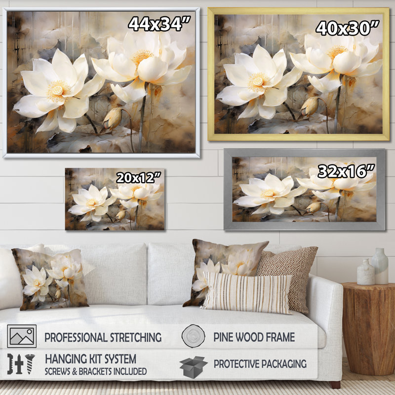 Lotus Exquiste Country Charm - impression sur toile Lotus, Cadre flottant doré, H 34 po x l 44 po x P 1,5 po