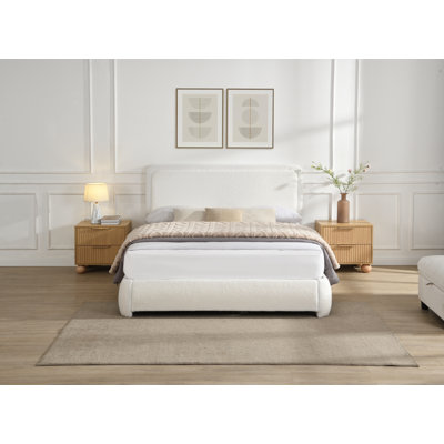 Queen Upholstered Cloud Bed Frame with Adjustable Boucle Fabric Headboard, Wood Slat, Low Profile