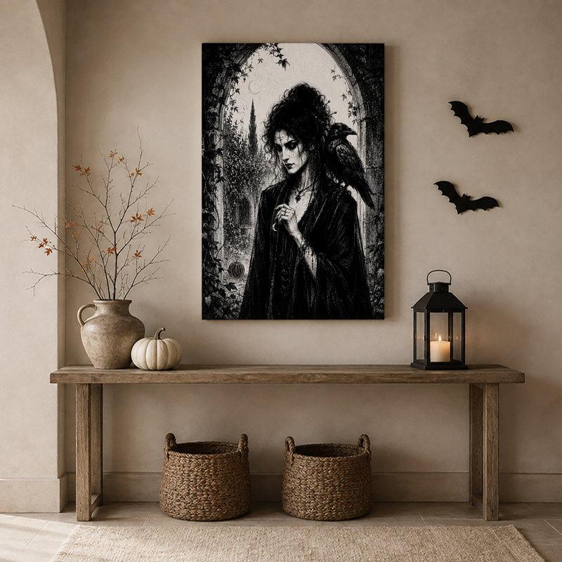 Art mural sur toile, sorcière gothique avec corbeau, H 18 po x l 12 po